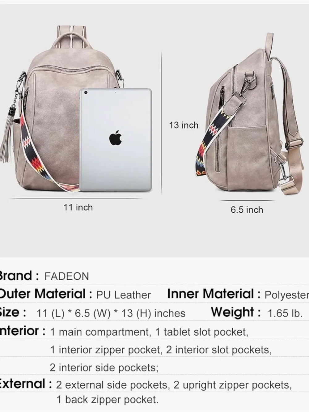 Fadeon Taupe Gray Backpack with Zipper Pockets